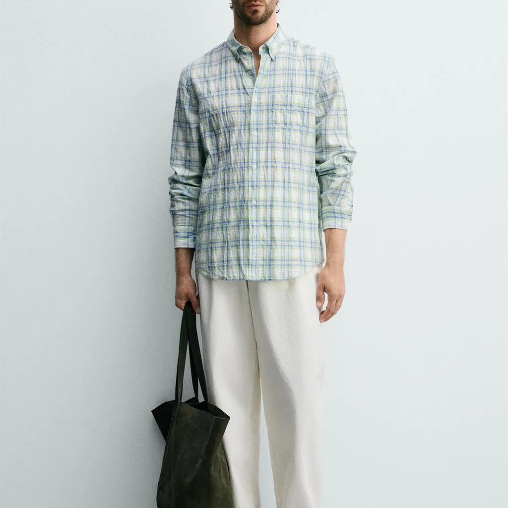 Мужская рубашка с принтом Green/Blue ZARA, Зеленый/Синий — фото 4
