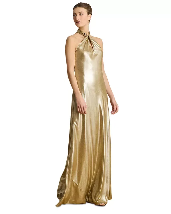 Женское платье-макси с пайетками Metallic Chiffon Halter Gown Ralph Lauren, Tan/Light Gold