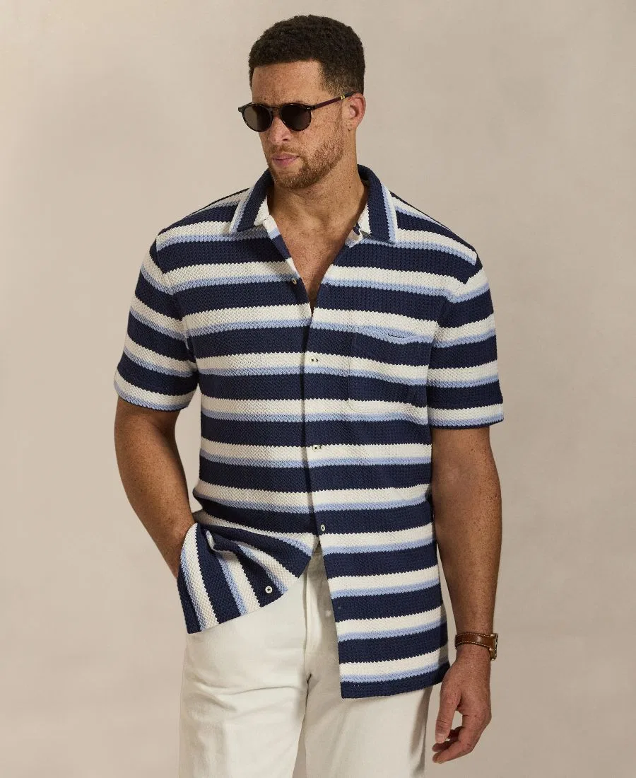 Мужская рубашка-поло с коротким рукавом и полоской, модель Camp Shirt Polo Ralph Lauren, Newport Navy Multi