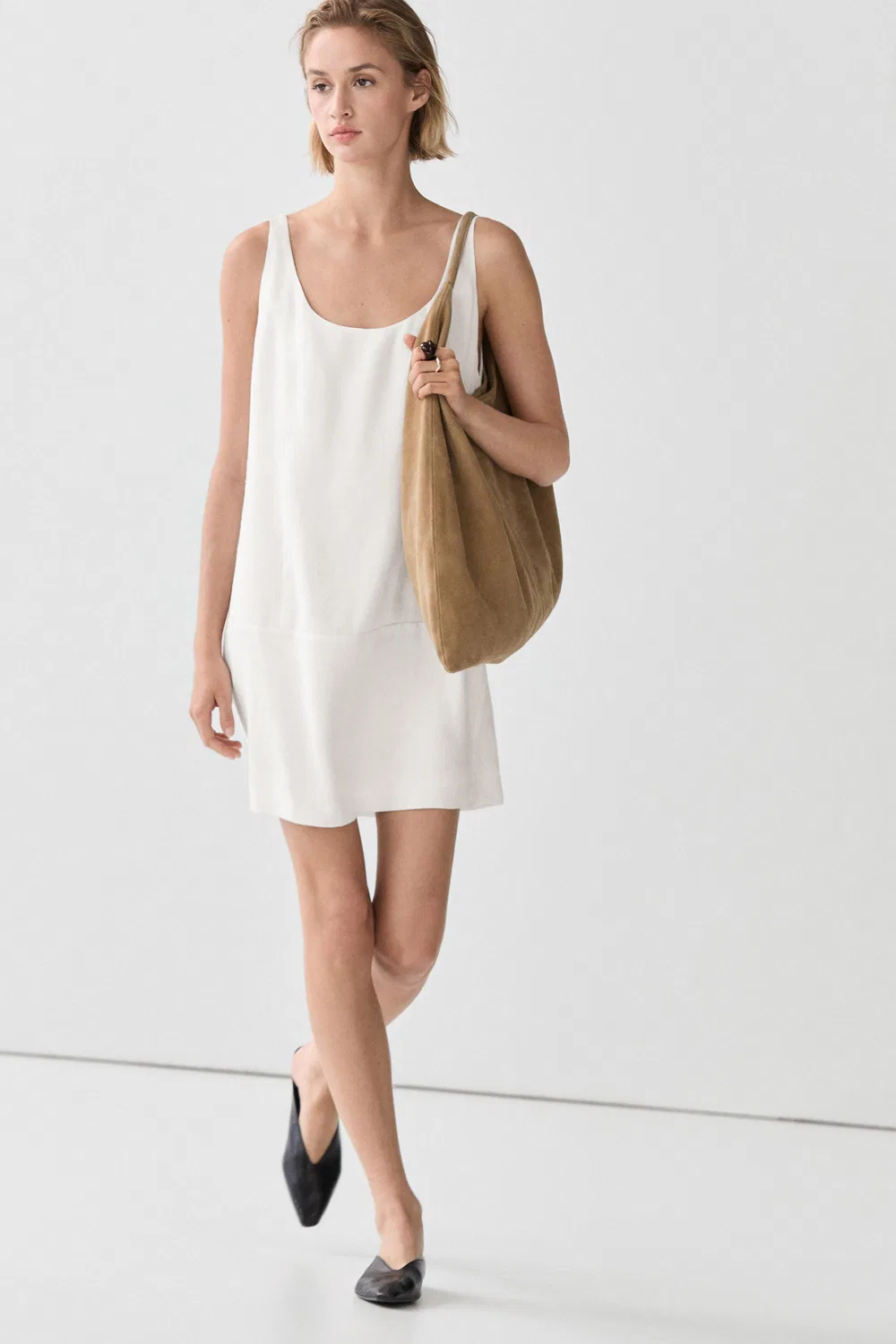 Струящееся короткое льняное платье Massimo Dutti, белый — фото 2