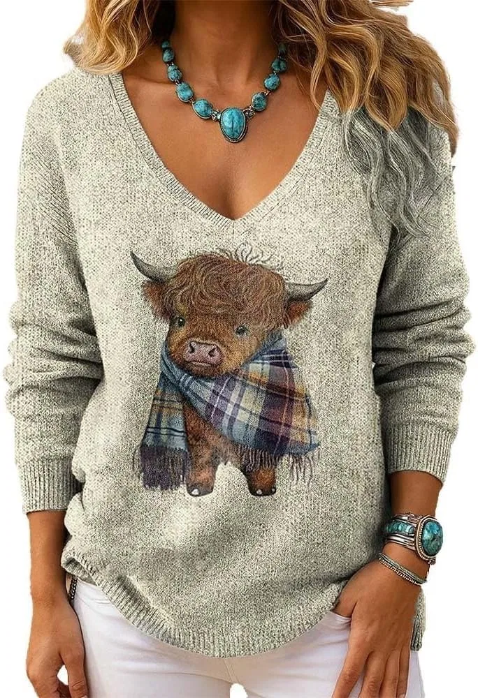 Женский свитшот с принтом Highland Cow, Almond
