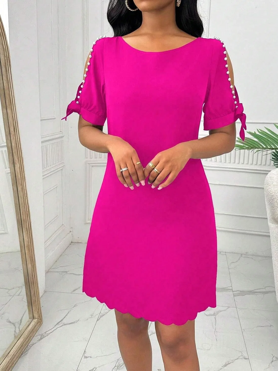 Женское мини-платье с круглым вырезом и коротким рукавом, Hot Pink — фото 3