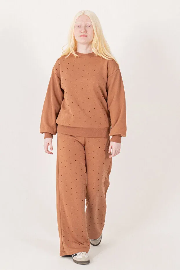 Детский спортивный комплект для девочек с принтом Stoned Crew Neck Girls' Tracksuit Set Kinderos, Tan Color