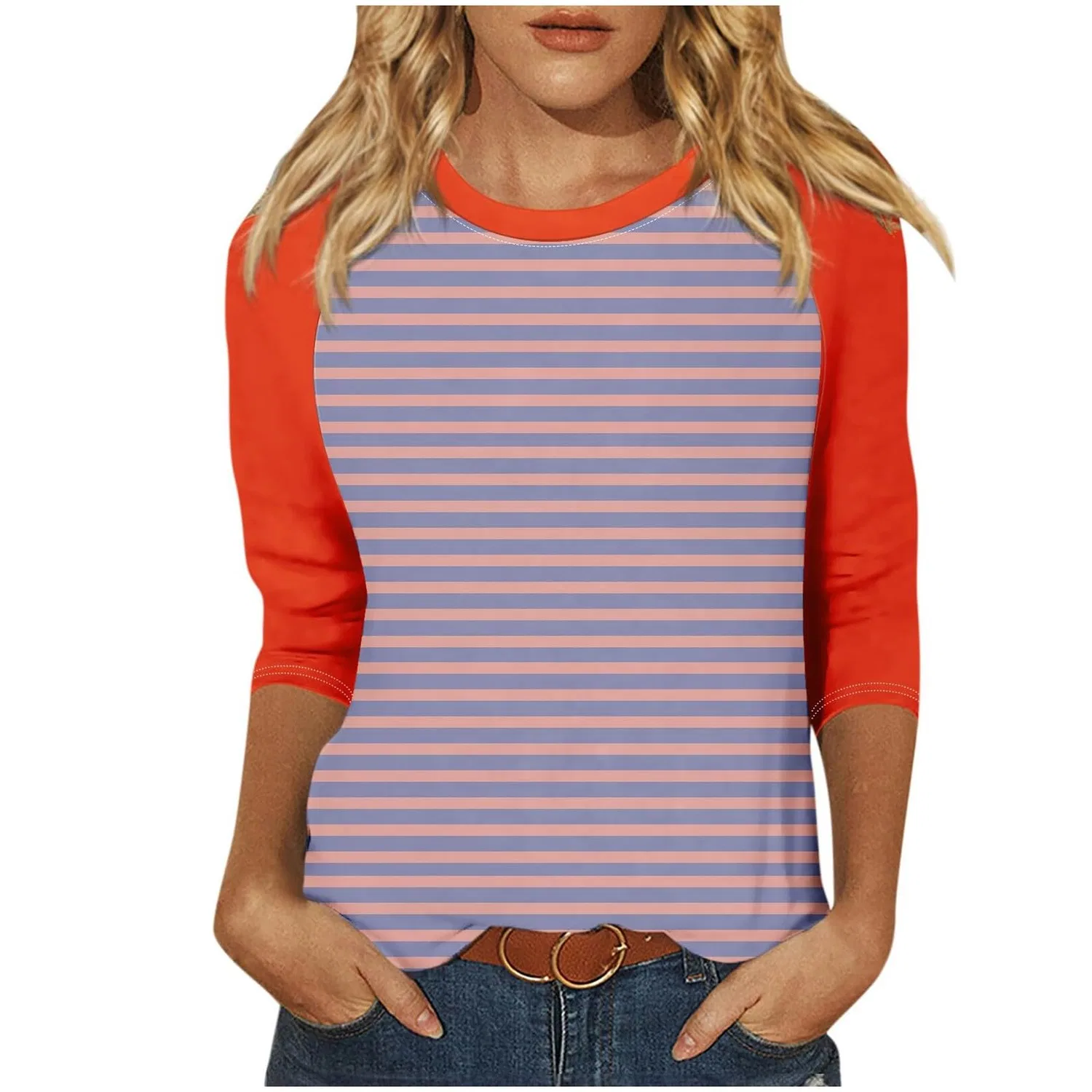 Женская майка с цветочным принтом Floral Print Round Neck Long Sleeve Lace Top, Orange-3