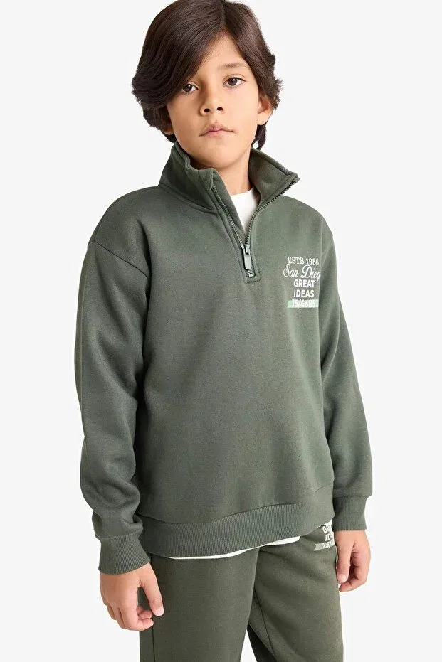 Детские свитшот для мальчиков с принтом Half Zipper Soft Fleece Inside Printed Sweatshirt Boys E9600A825AU Defacto, Khaki — фото 3