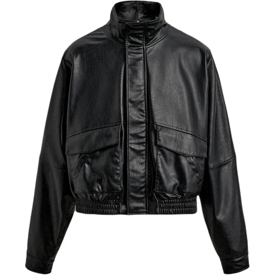 Мужское/Женское кожаное пальто с воротником-стойкой Black ZARA, Black