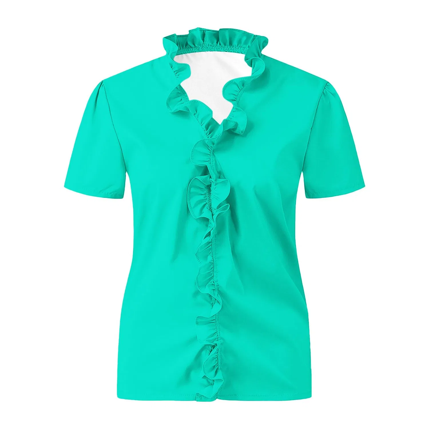 Женская блузка с V-образным вырезом и воланами, с коротким рукавом, Short Sleeve-mint Green 01 — фото 4