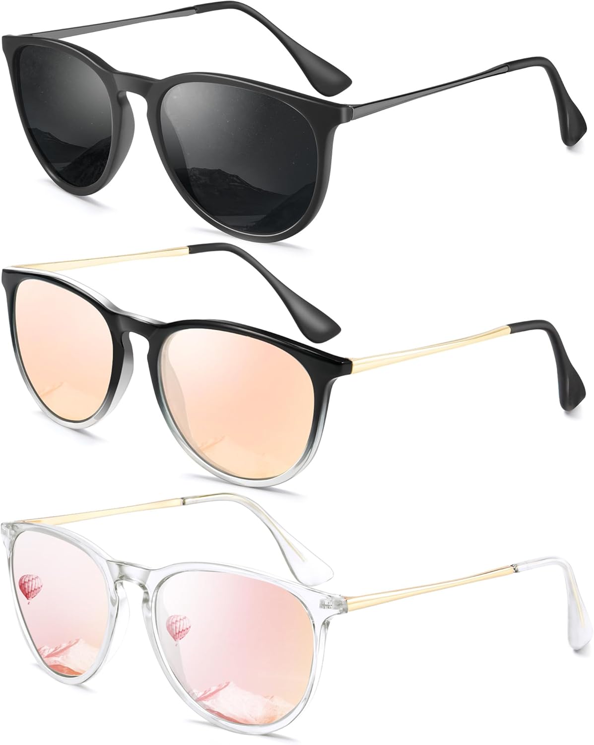 

Женские поляризованные солнцезащитные очки: ретро круглые солнцезащитные очки с защитой UV400, модный набор из 3 штук QALLY, Black/Grey + Black Gradient Clear/Champagne Gold + Clear/Barbie Pink