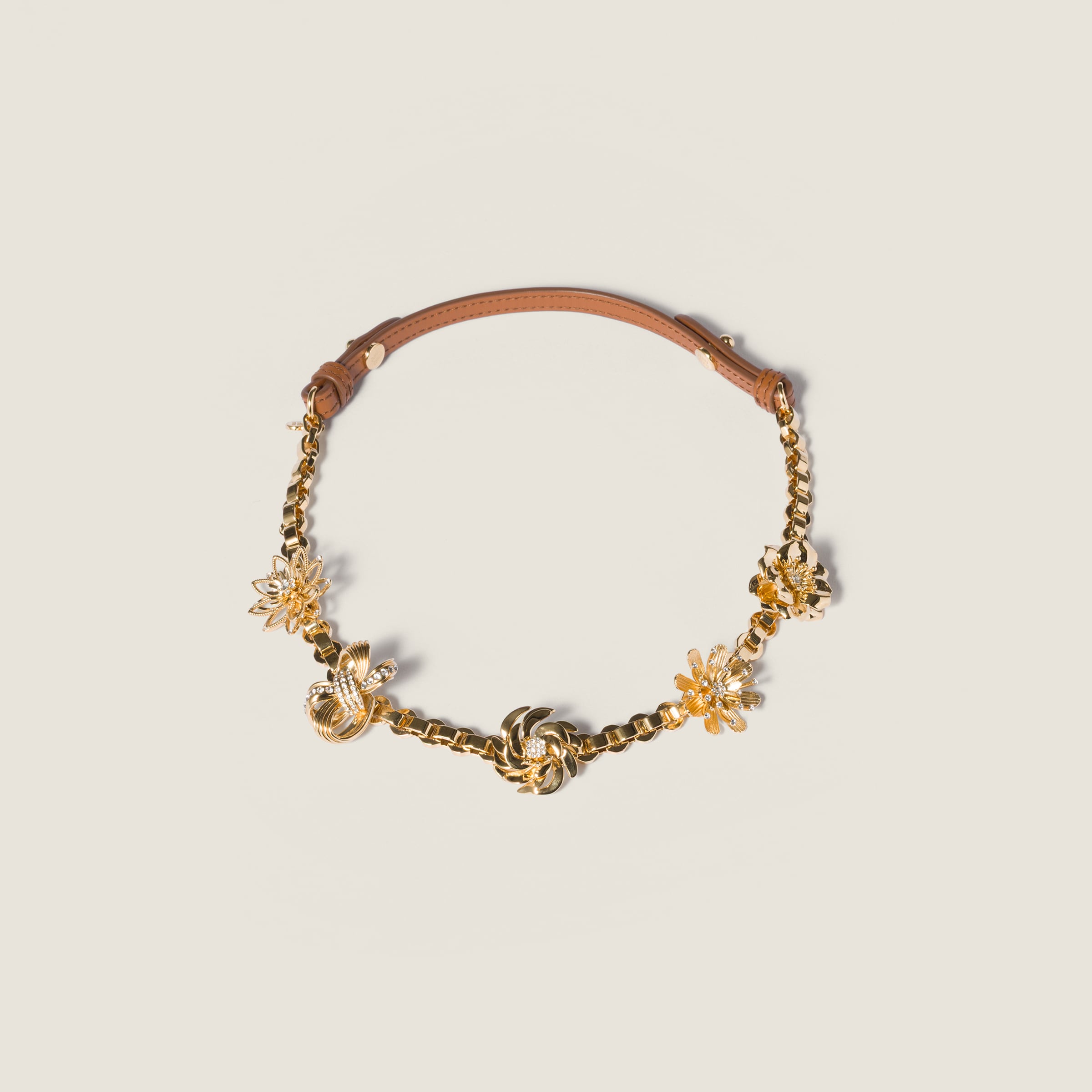 

Колье из металла и кожи MIU MIU, коньячный/золотой/кристалл