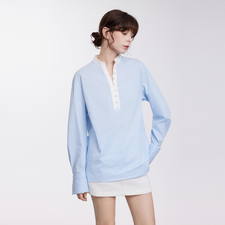 

ELLE Рубашка женская синяя Stand Collar Moderate