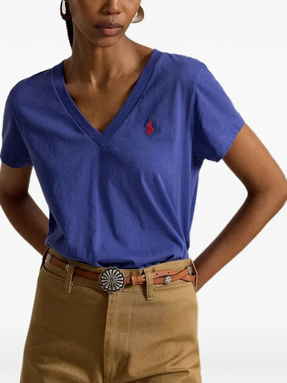 Футболка с V-образным вырезом и вышитым логотипом Polo Ralph Lauren, синий — фото 2