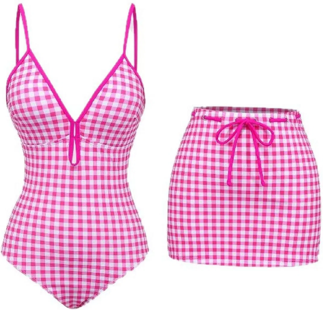 Женский слитный купальник с юбкой V-образным вырезом, Hot Pink
