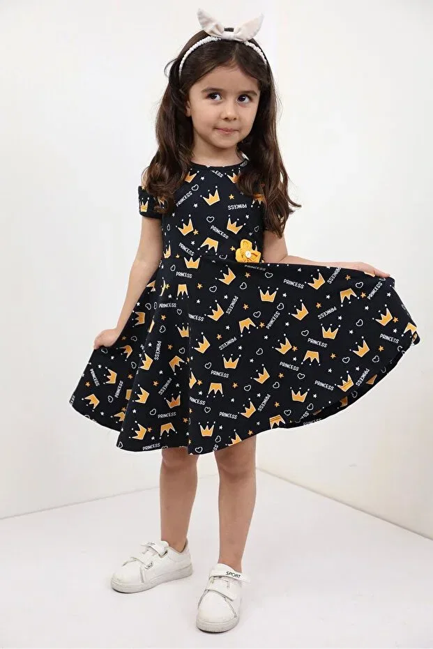 Детское платье для девочек с принтом Relax Fit Crew Neck Short Sleeve Dress - Open Shoulder Detail Toontoy, Black