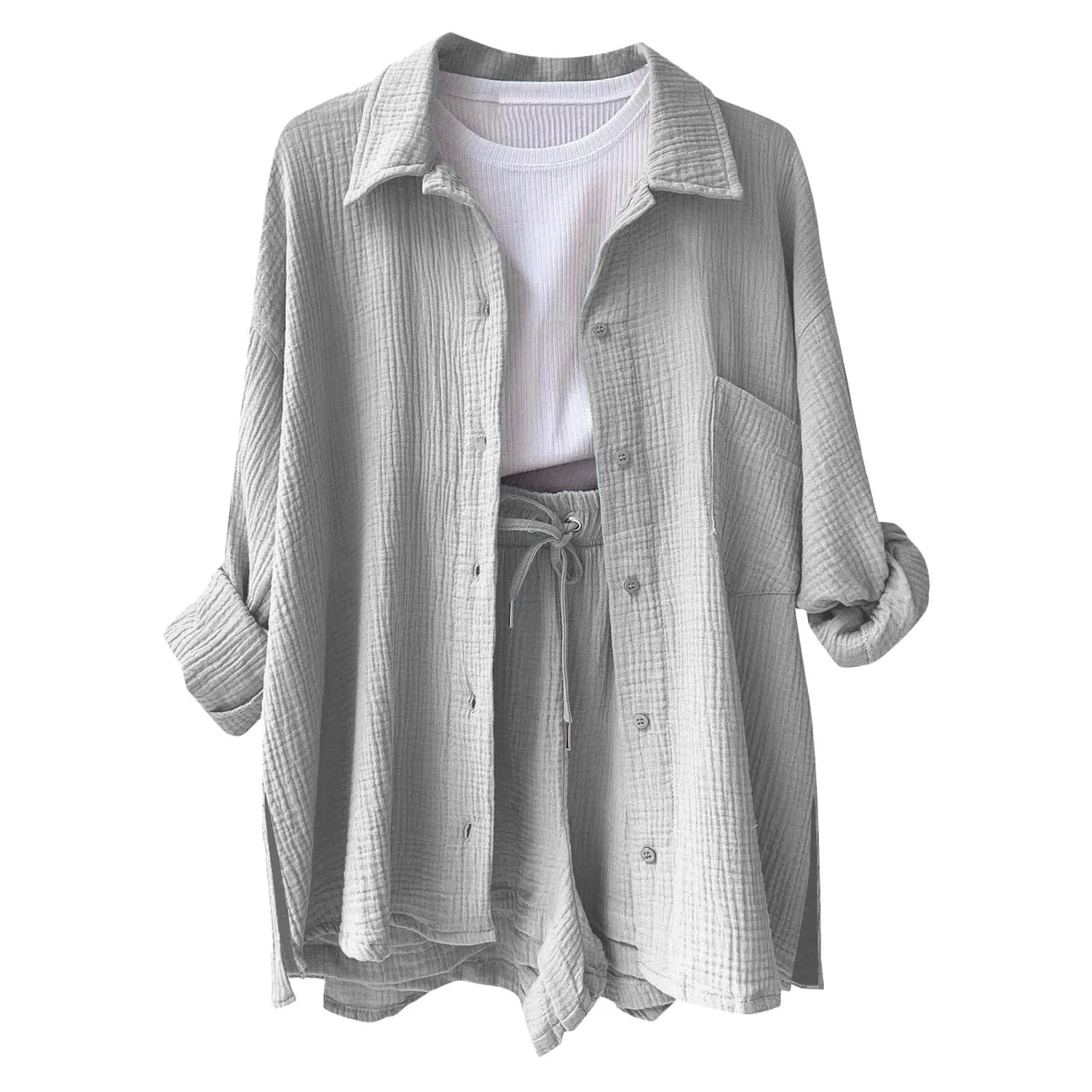 Женская льняная блузка с длинным рукавом, Bright Grey (Ral 7035)