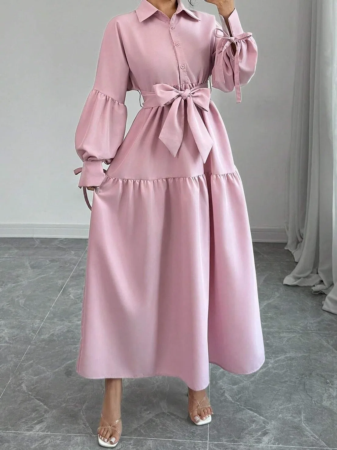 Женское элегантное платье-рубашка с поясом Generic, Pink — фото 3