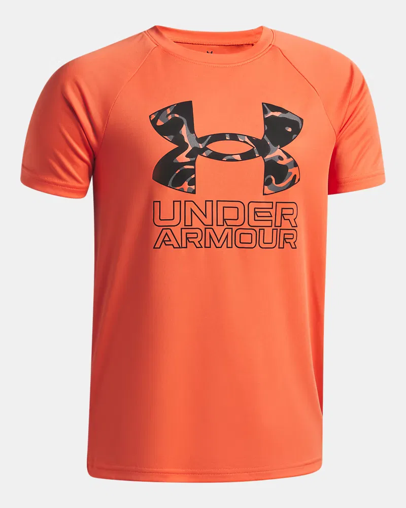 Футболка для мальчиков с коротким рукавом, влагоотводящая UA Tech Hybrid Print UnderArmour, Venom Red/Black — фото 3