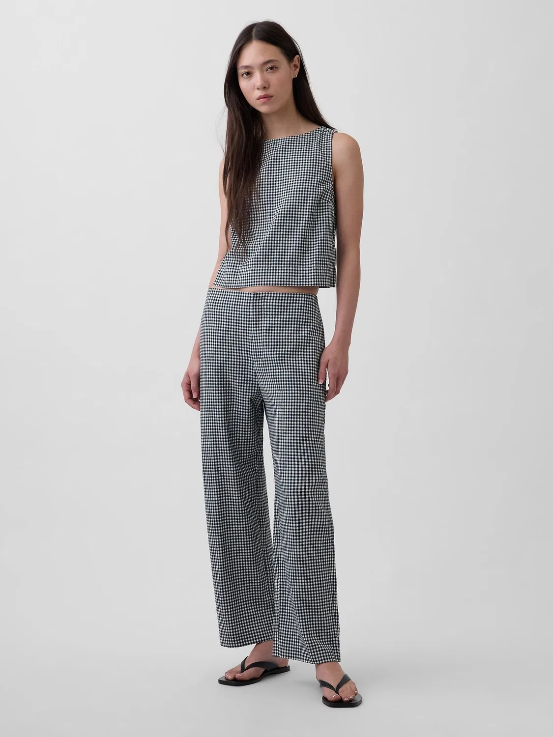 Брюки прямого кроя из льняной смеси Gap Black Check — фото 4