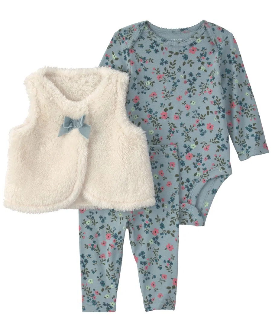 Комплект из 3 предметов: жилетка, боди и штаны, с цветочным принтом Carter's, Blue/Cream