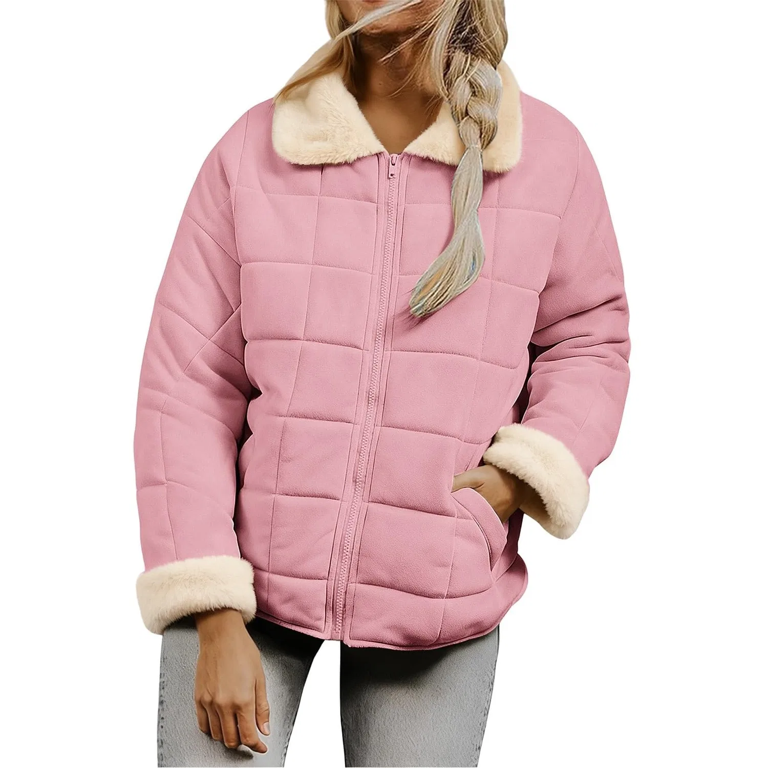 Женское стёганое пальто с меховым воротником, rosa