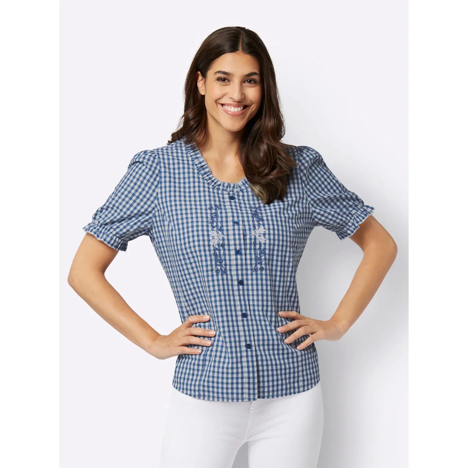 Женская блуза в клетку с вышивкой Classic Basics, Jeansblau-White-Kariert — фото 2