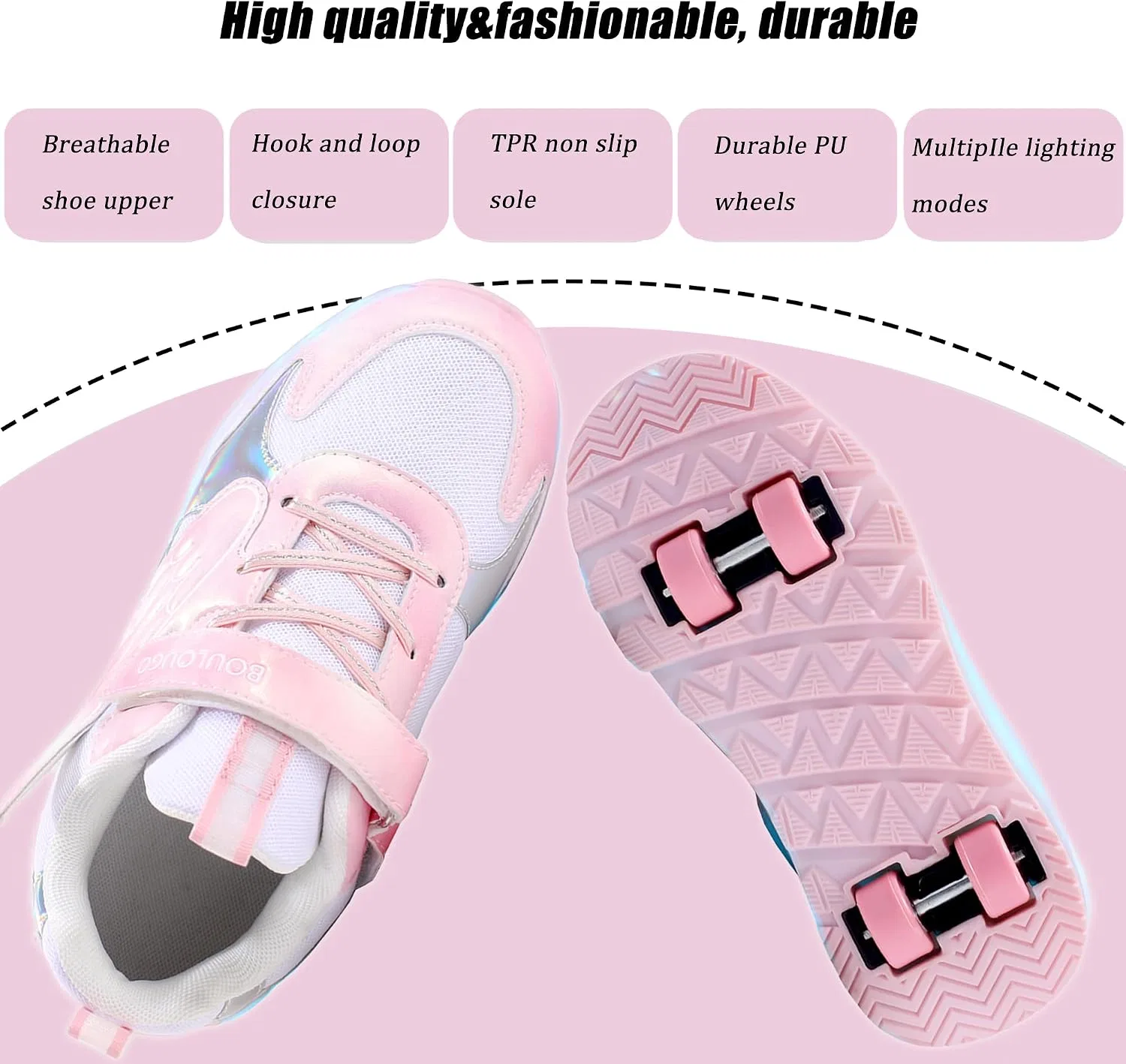 Детские кроссовки для девочек со светящимися колесиками AIkuass, Pink — фото 3
