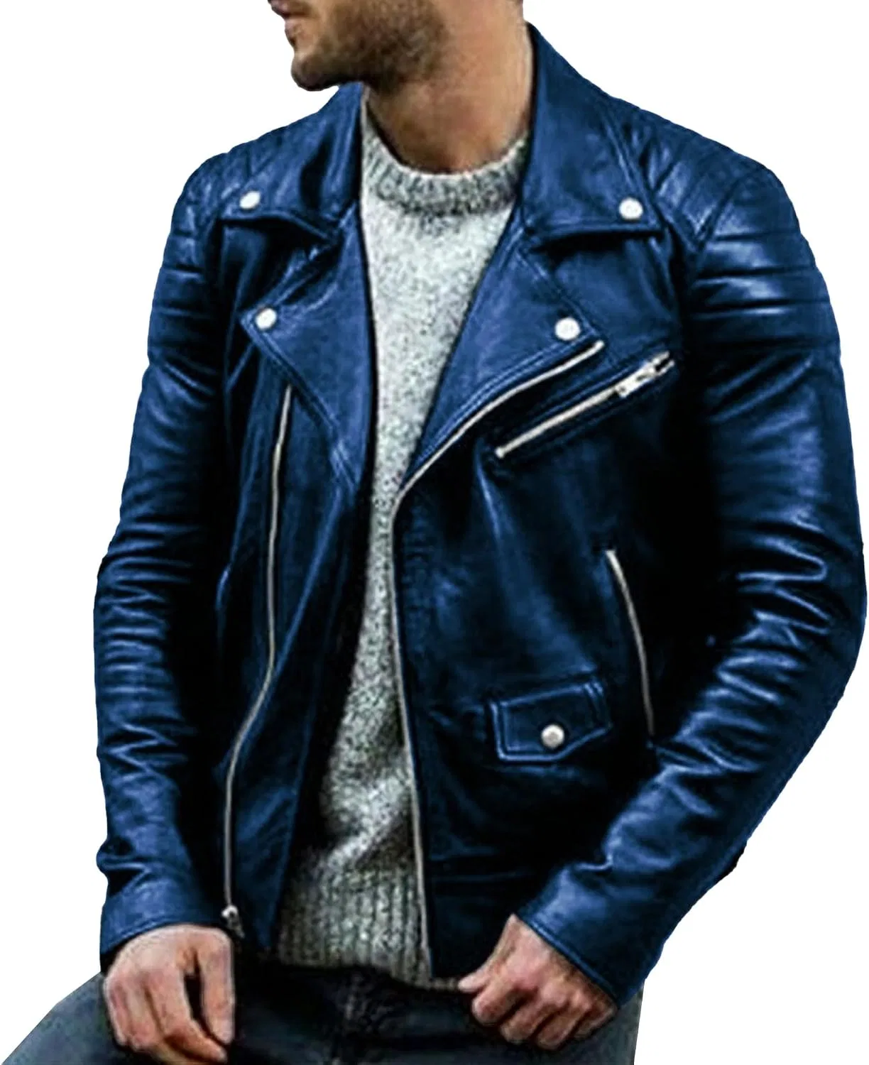 Мужская куртка из экокожи с молнией, Biker Jacket, синий
