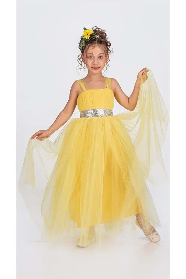 Детское вечернее платье без рукавов Satin gipeli, long tulle skirted girls' evening dress S.T. Sebat Tekstil, Yellow
