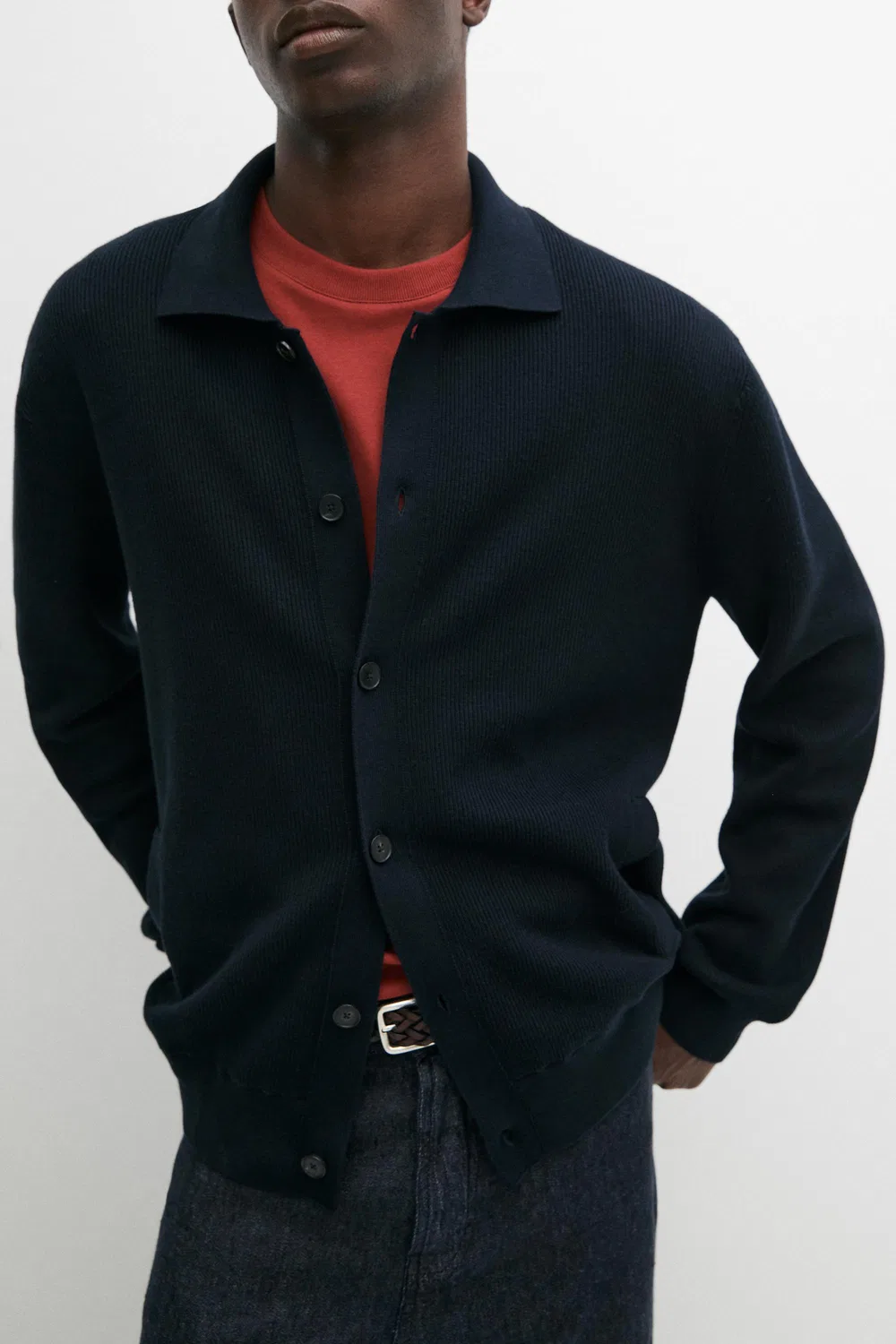 Кардиган Massimo Dutti 100% Cotton Polo Collar Knit, темно-синий