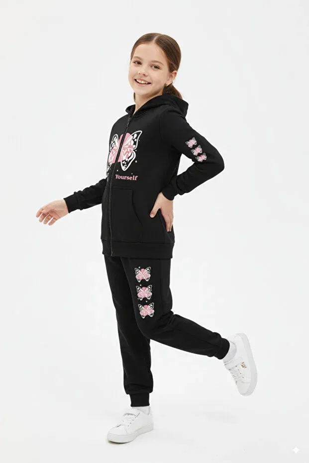Детский спортивный костюм для девочек с принтом Zipped butterfly print detail hooded girls' tracksuit set Fyk Kids, Black — фото 3
