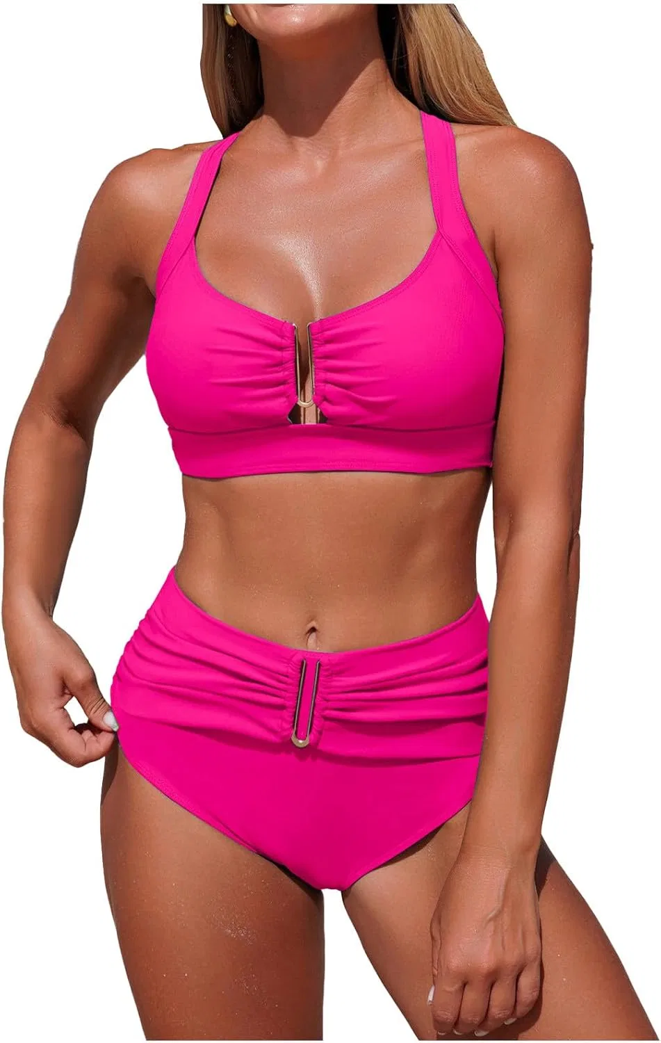 Женский бикини-сет с утяжкой и высокой талией Hot Pink
