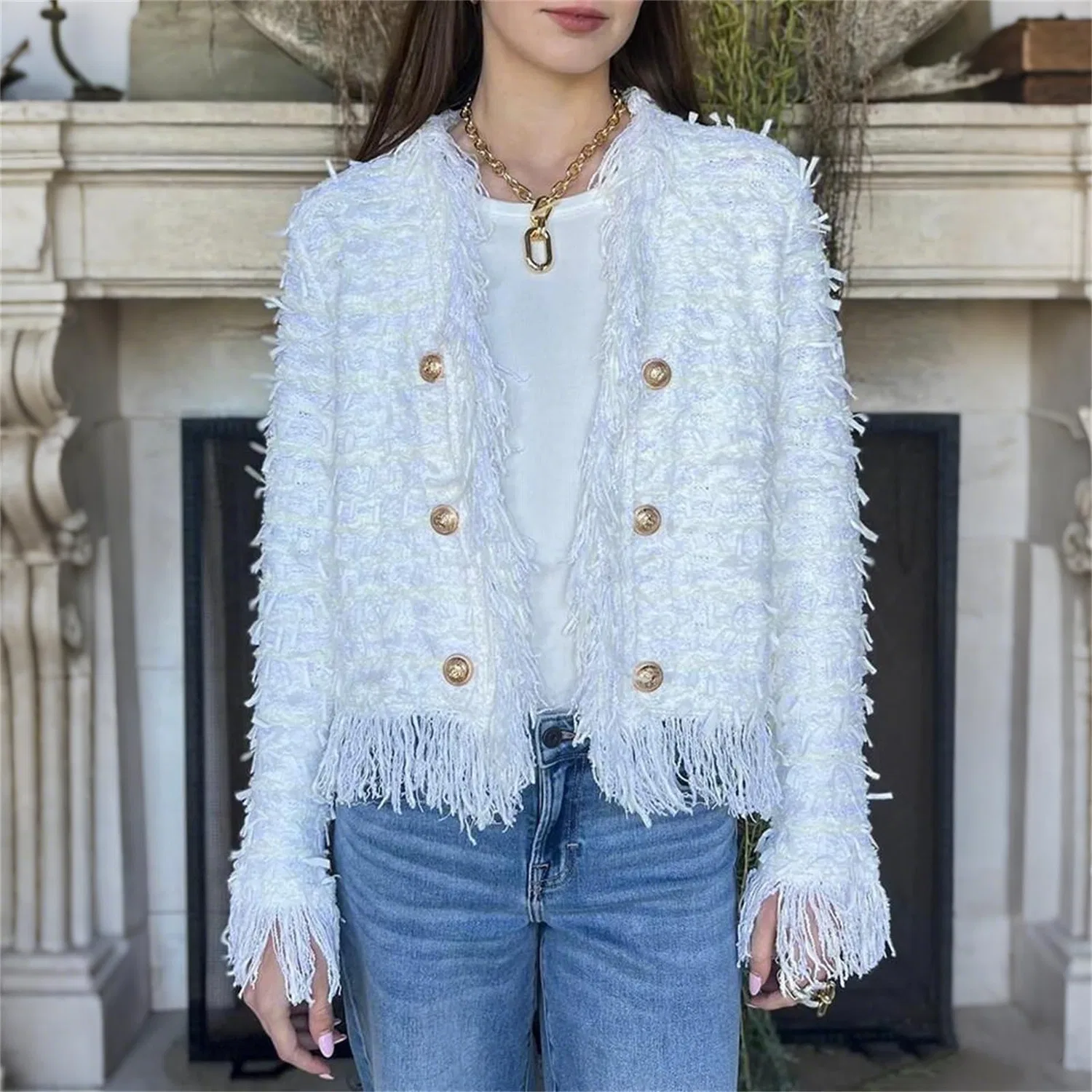 Женский кардиган с бахромой Fringe Cardigan Jacket, Blue — фото 3