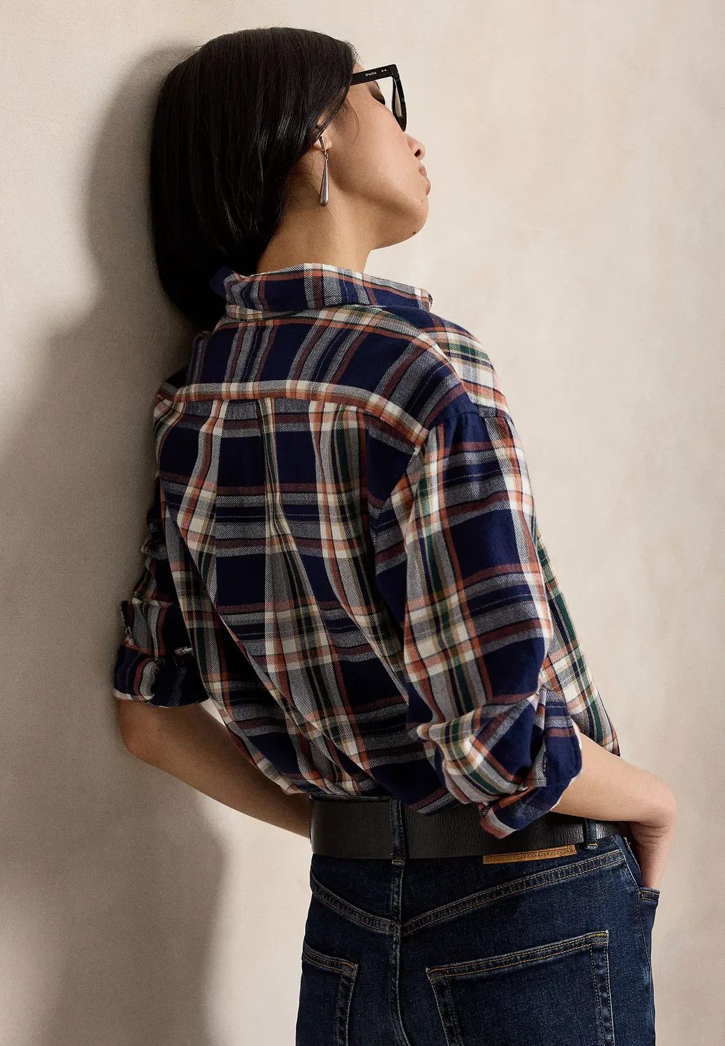 Хлопковая рубашка в клетку свободного кроя - блузка на пуговицах Polo Ralph Lauren, Navy/Orange — фото 3