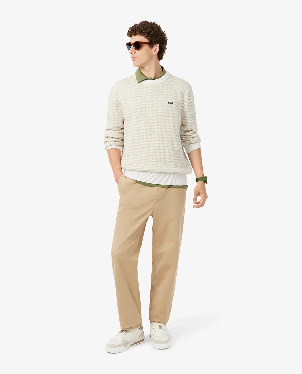 Джемпер Lacoste мужской из жаккардового хлопка, свободный крой, бежевый — фото 4
