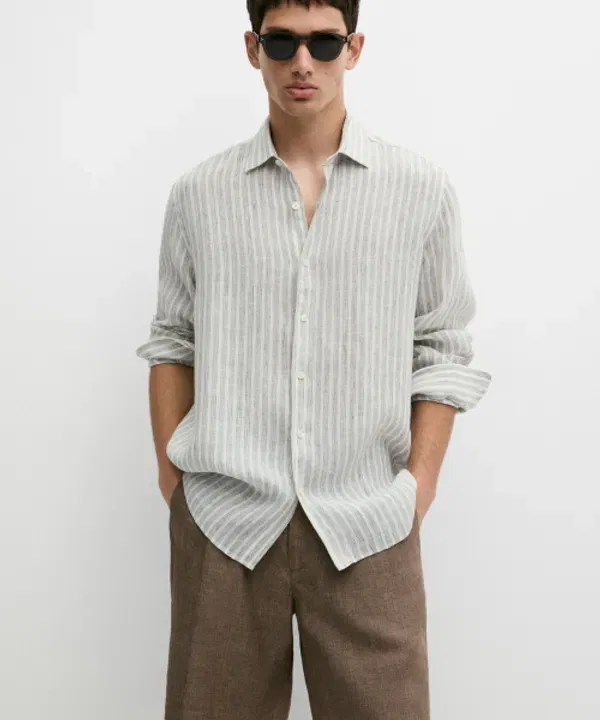 Рубашка из льна, регулярный крой, полосатая, Massimo Dutti