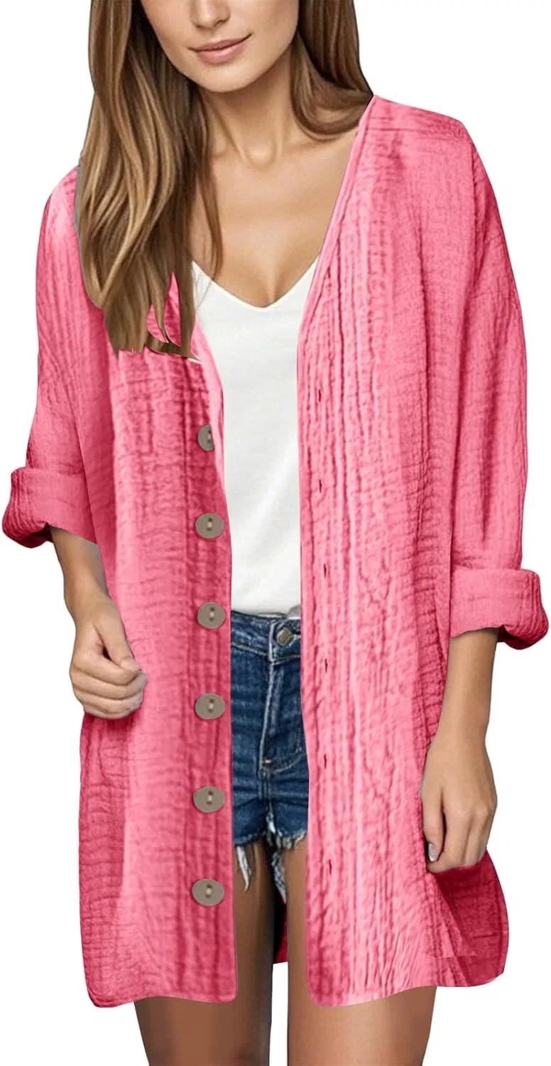 Женская свободная рубашка из муслина с длинным рукавом, Pink
