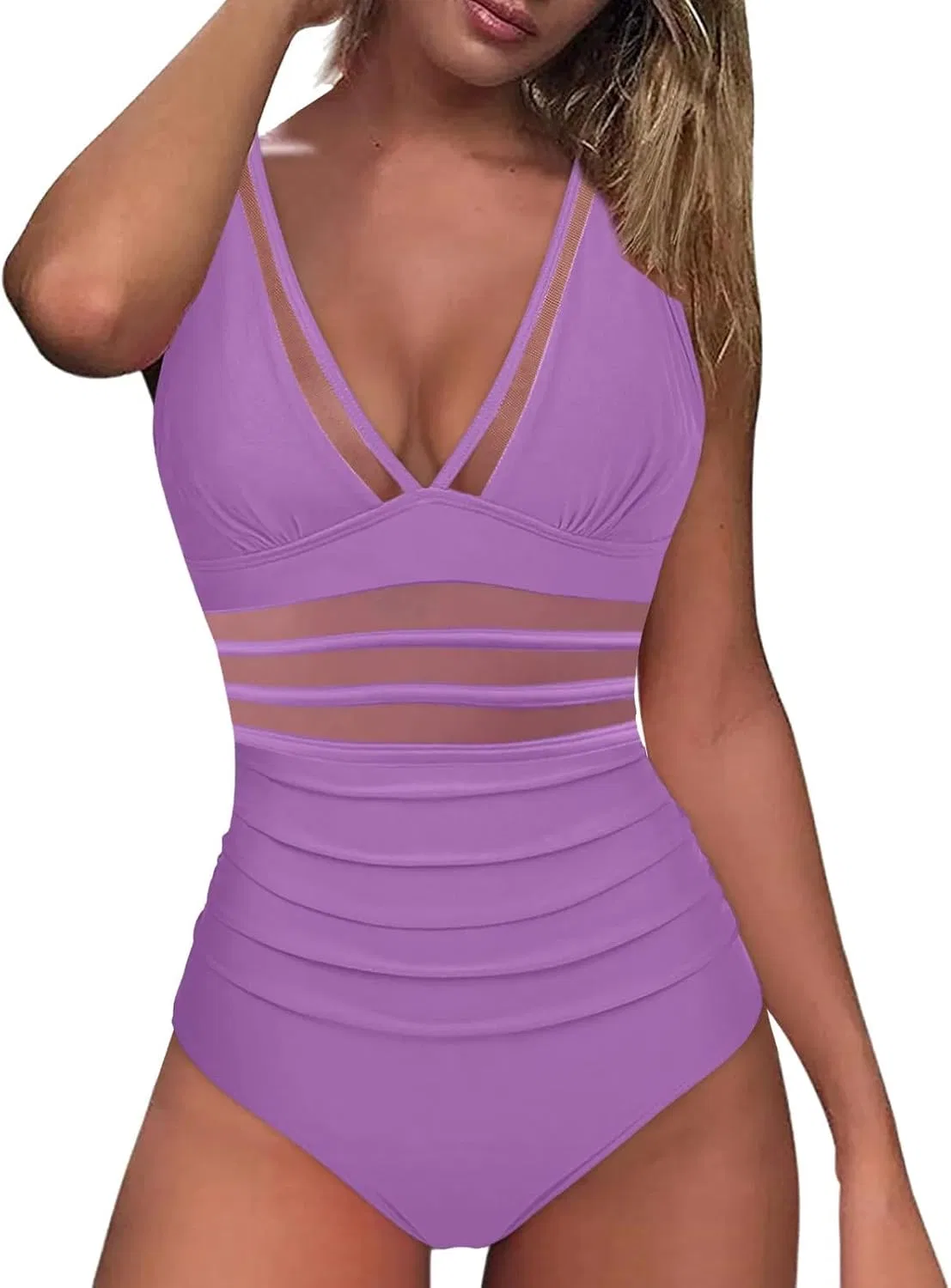 Женский цельнокроеный купальник с сеткой Push Up Tummy Control, Purple — фото 3