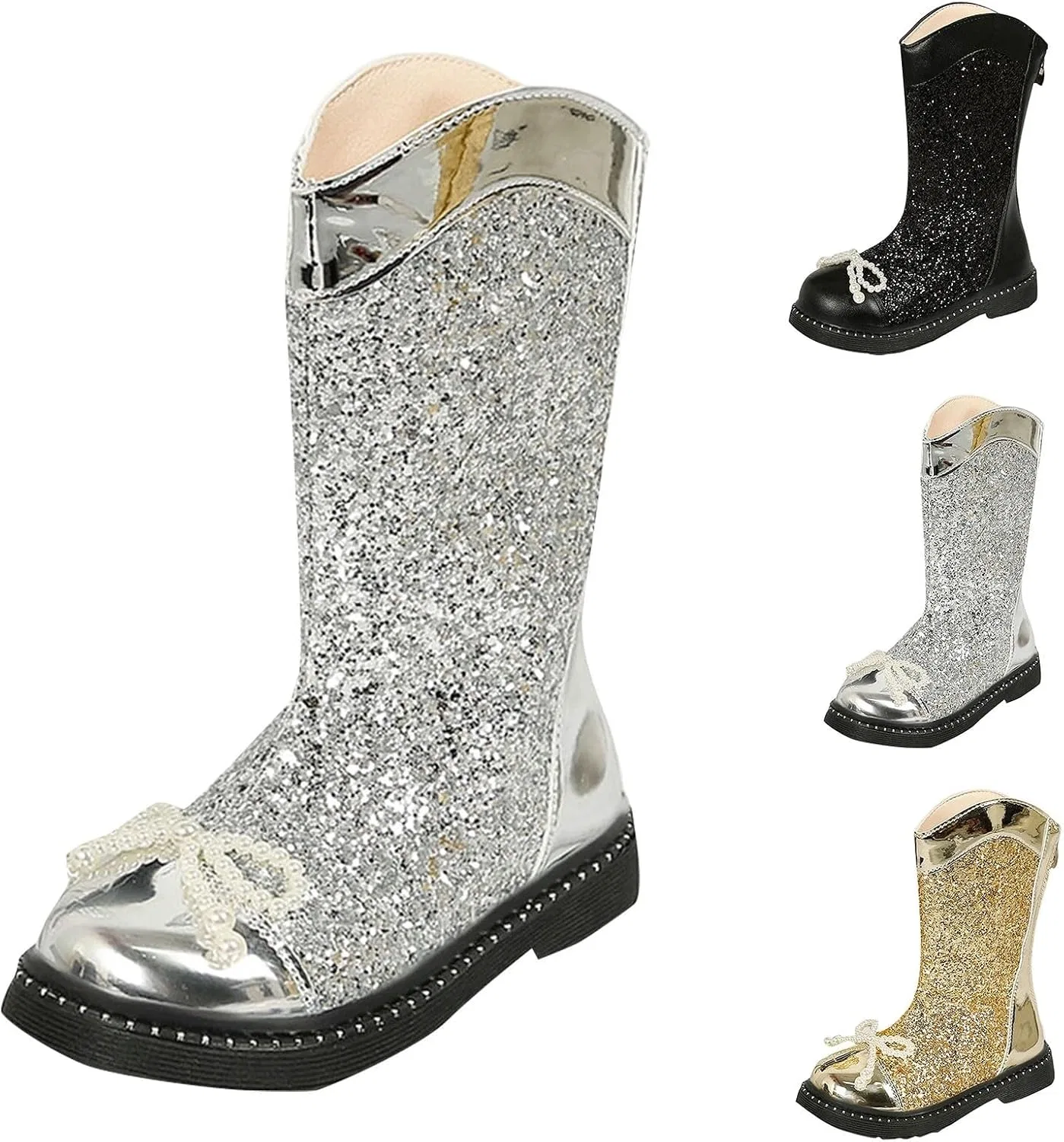 Детские сапоги для девочек с принтом и блестками Pearl Bowknot Decoration Glitter Knee High Boots, Silver