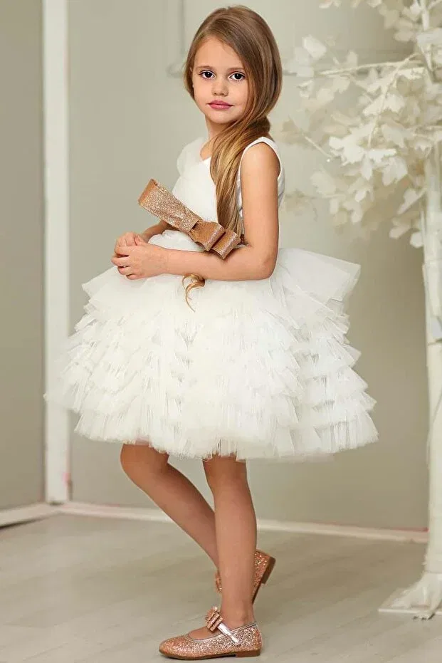 Детское платье для девочек с пайетками Girl'S glittery bow detailed layered tulle white evening dress Riccotarz, White — фото 3