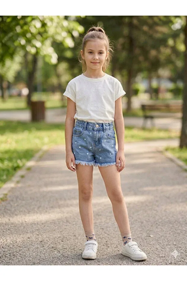 Детские джинсовые шорты для девочек с принтом Heart Detailed Tasseled Denim Shorts Dastini, Blue — фото 2