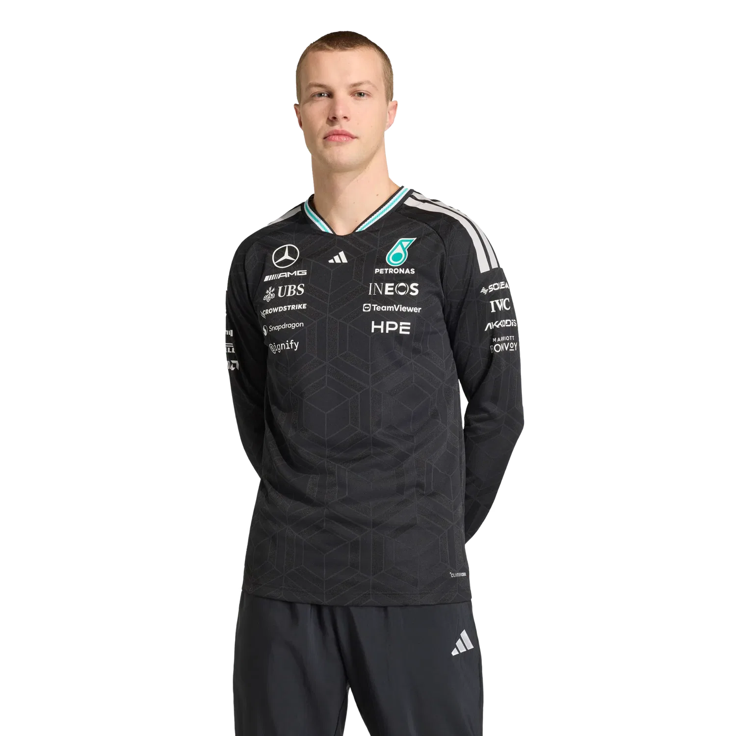 Мужская длинная футболка с V-образным вырезом Adidas Mercedes-AMG Petronas Formula 1 Team Authentic, черный — фото 2