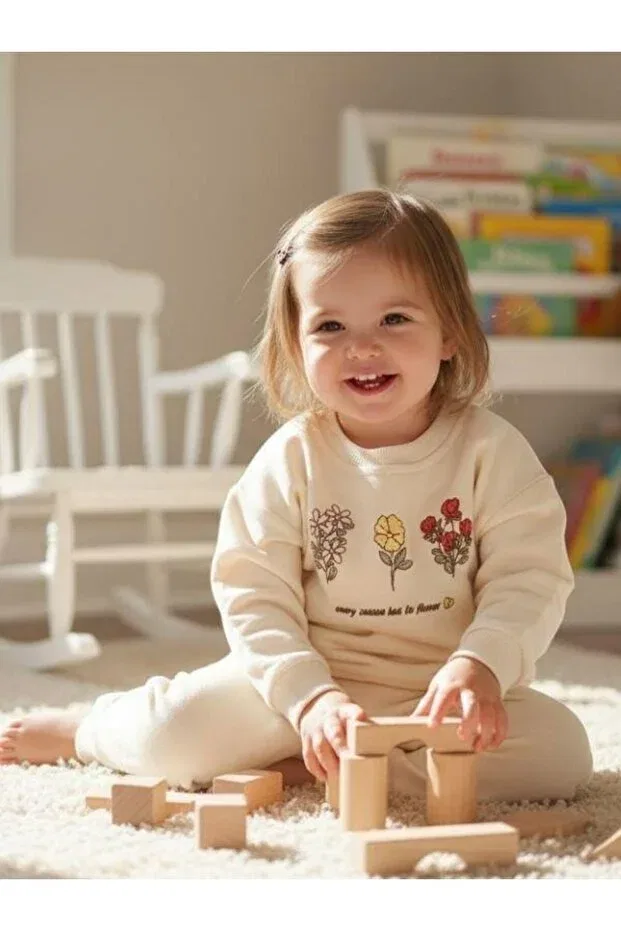 Детский комплект для девочек с цветочным принтом Zekids, Cream — фото 4