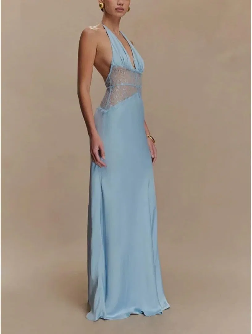 Женское вечернее платье с глубоким декольте и открытой спиной Satin, Blue — фото 2