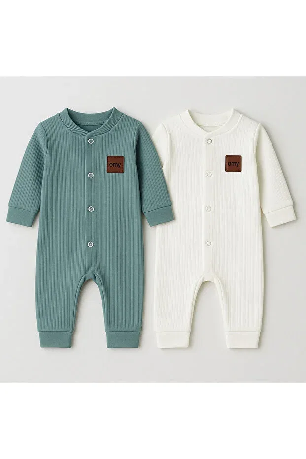 Детский комбинезон хлопковый комплект из 2 предметов Basics Omy, Green-White — фото 3