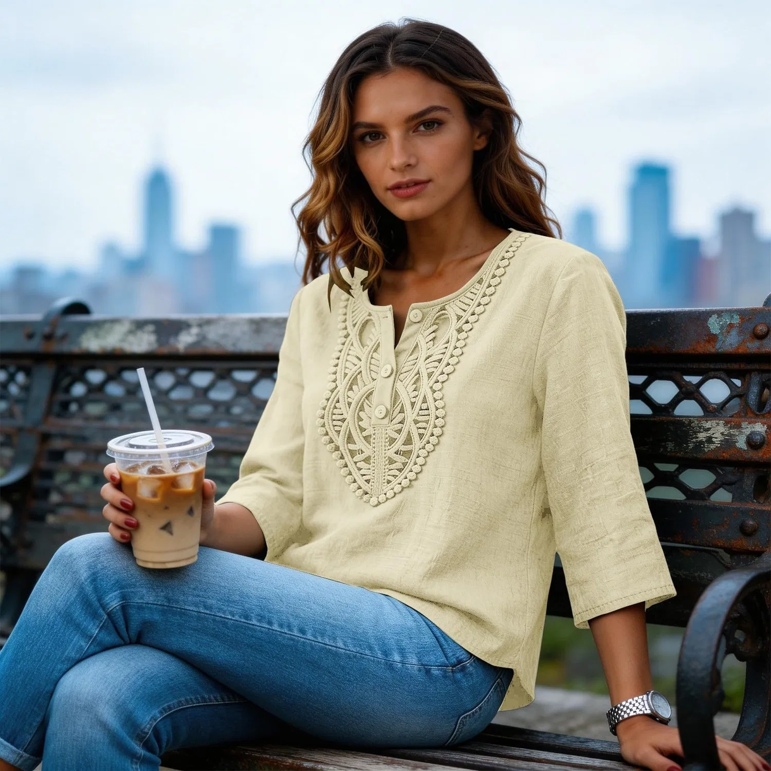 Женская льняная туника с вышивкой Retro 3/4 Sleeve Boho Casual Loose Fit Lightweight Summer Beach Blouse, A-beige — фото 3