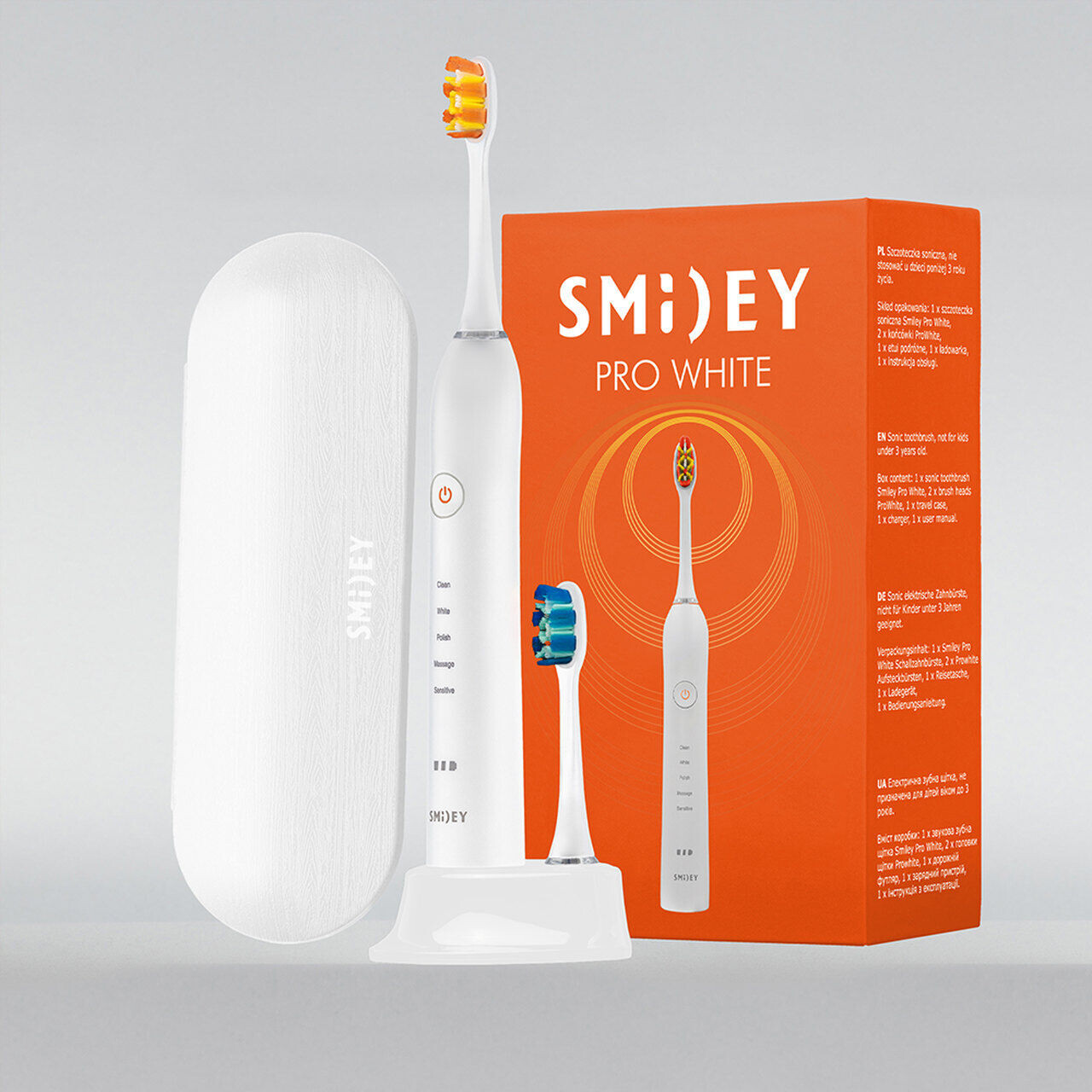 Smiley Pro White набор: белая звуковая зубная щетка + дополнительные насадки, 2 шт. — фото 2
