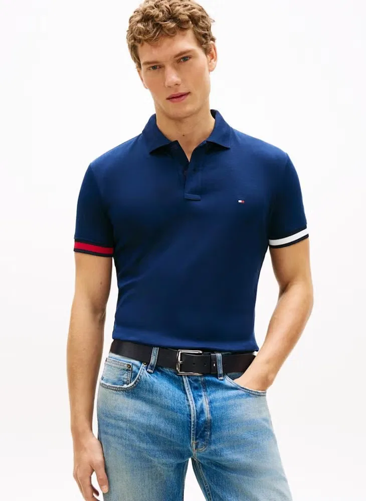 Поло с контрастной отделкой манжет, модель Slim Fit, Tommy Hilfiger, темно-синий
