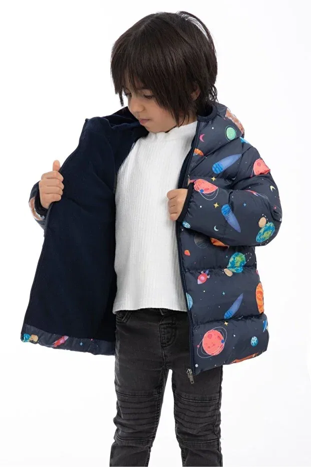 Детский пуховик для девочек с принтом Planet Star Pattern Firststops, Navy Blue — фото 3