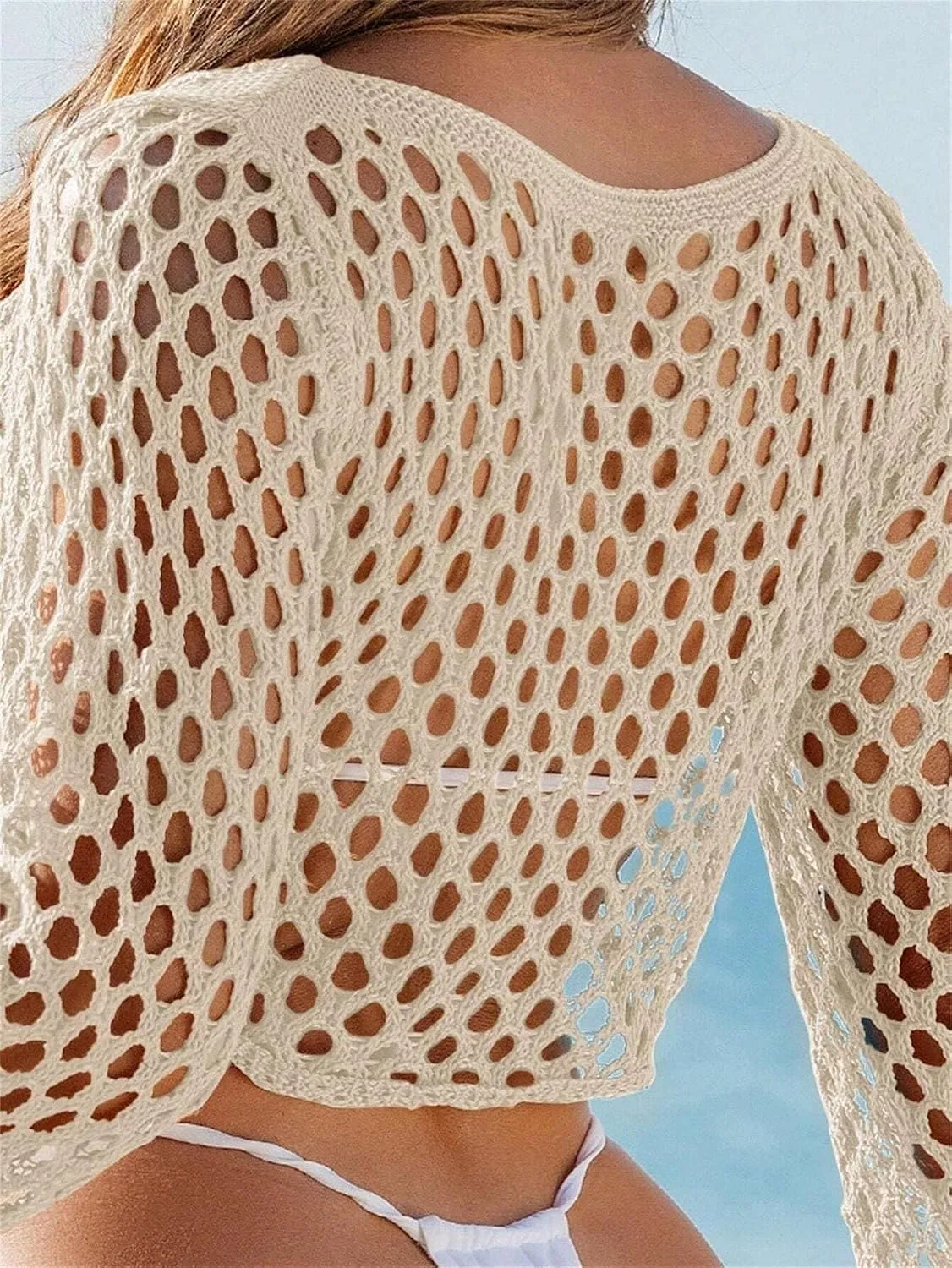 Женская пляжная накидка с вырезами, длинным рукавом, Apricot — фото 3