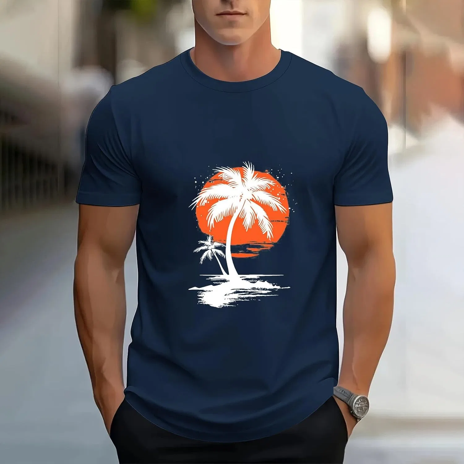 Мужская футболка с принтом пальм, Summer Printed Graphic Tees, Navy — фото 2