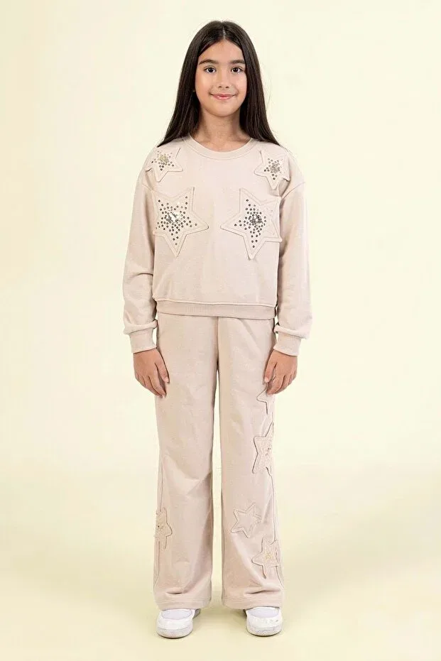 Детский комплект для девочек с принтом Girl'S stone detailed star patterned two-piece set Ww Waka Waka Kids Store, Beige